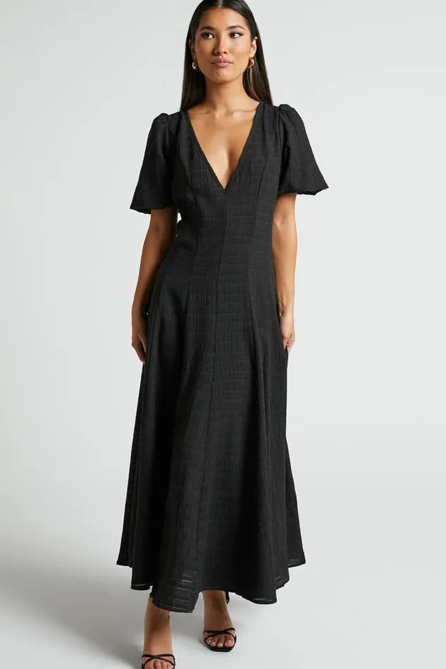 Jackelyn Midi Dress 8211 Puff Sleeve V Neck Dress In Black Women Showpo Curve Clothes