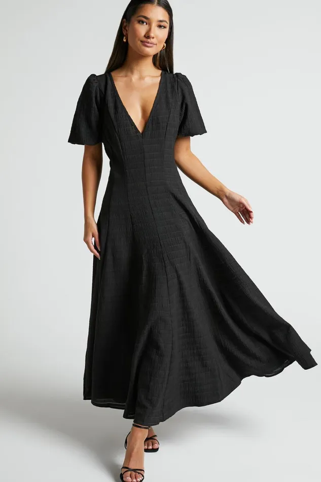 Jackelyn Midi Dress 8211 Puff Sleeve V Neck Dress In Black Women Showpo Curve Clothes