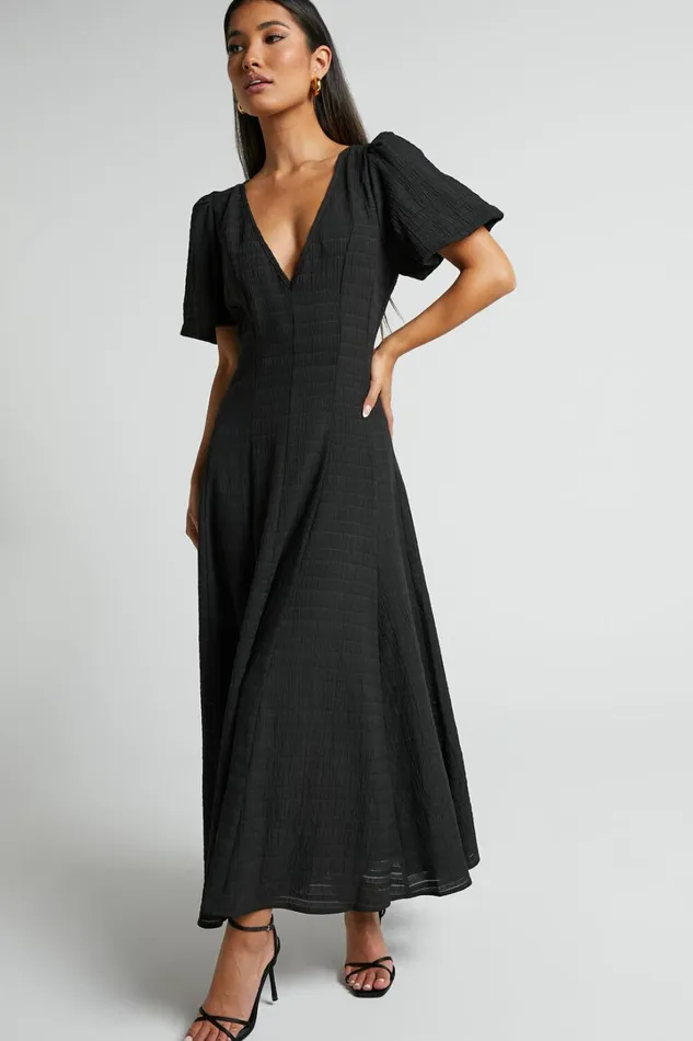 Jackelyn Midi Dress 8211 Puff Sleeve V Neck Dress In Black Women Showpo Curve Clothes
