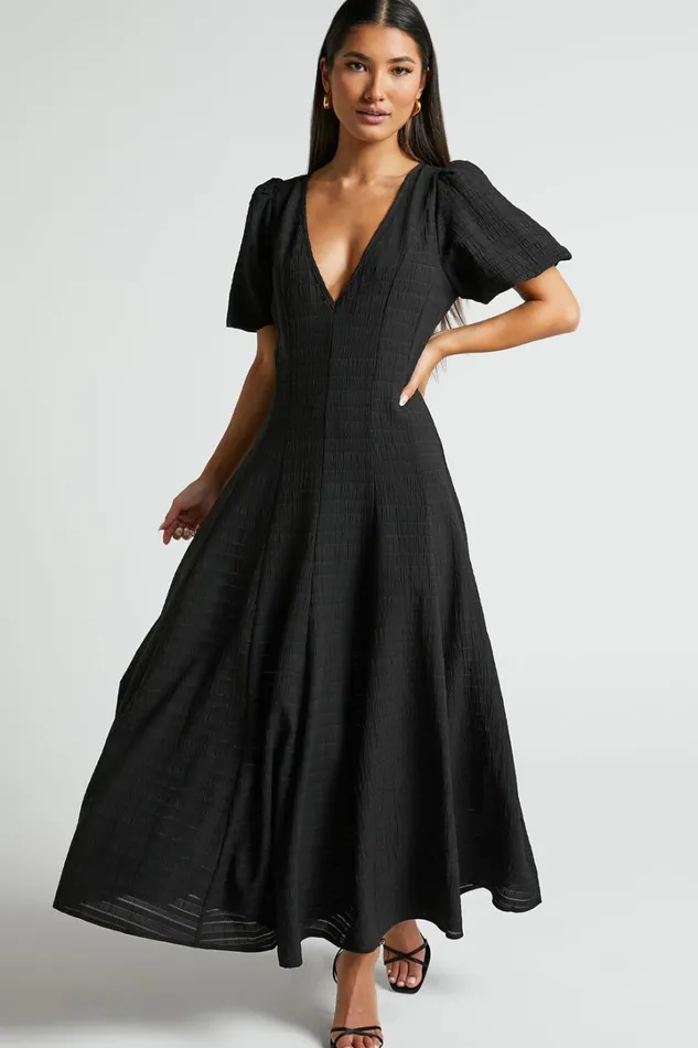 Jackelyn Midi Dress 8211 Puff Sleeve V Neck Dress In Black Women Showpo Curve Clothes