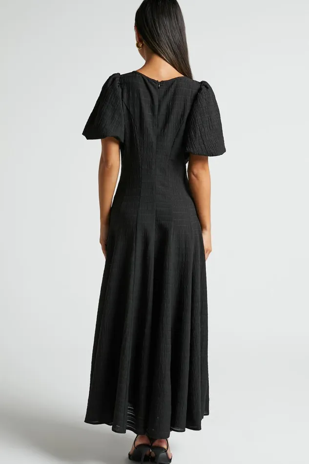 Jackelyn Midi Dress 8211 Puff Sleeve V Neck Dress In Black Women Showpo Curve Clothes