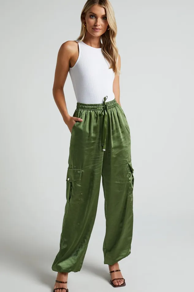 Jadeiah Pants 8211 Mid Rise Cargo Pocket Satin Jogger Pant In Khaki Women Showpo Loungewear