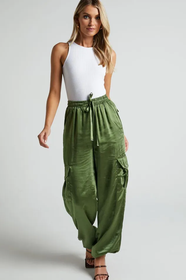 Jadeiah Pants 8211 Mid Rise Cargo Pocket Satin Jogger Pant In Khaki Women Showpo Loungewear