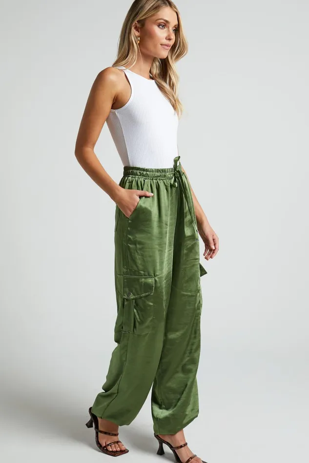 Jadeiah Pants 8211 Mid Rise Cargo Pocket Satin Jogger Pant In Khaki Women Showpo Loungewear