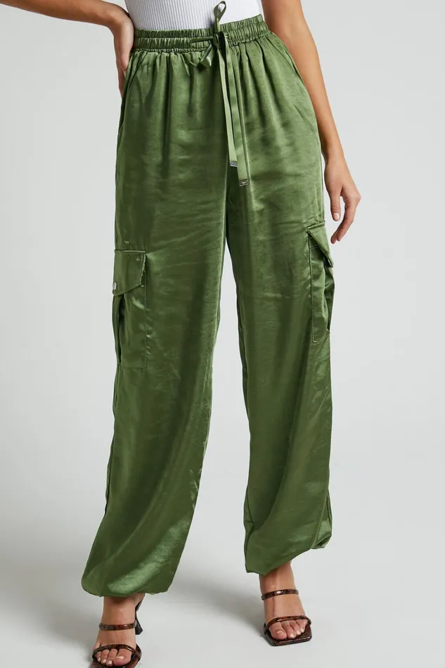 Jadeiah Pants 8211 Mid Rise Cargo Pocket Satin Jogger Pant In Khaki Women Showpo Loungewear