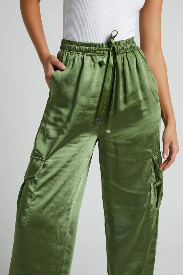 Jadeiah Pants 8211 Mid Rise Cargo Pocket Satin Jogger Pant In Khaki Women Showpo Loungewear
