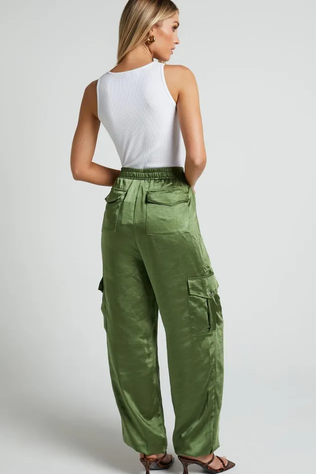 Jadeiah Pants 8211 Mid Rise Cargo Pocket Satin Jogger Pant In Khaki Women Showpo Loungewear