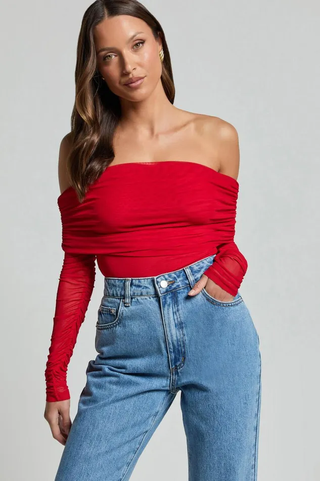 Jaythen Bodysuit 8211 Long Sleeve Off Shoulder Ruched Mesh Bodysuit In Red Women Showpo Curve Clothes Jaythen Bodysuit 8211 Long Sleeve Off Shoulder Ruched Mesh Bodysuit In Red Women Showpo Curve Clothes