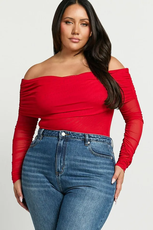 Jaythen Bodysuit 8211 Long Sleeve Off Shoulder Ruched Mesh Bodysuit In Red Women Showpo Curve Clothes