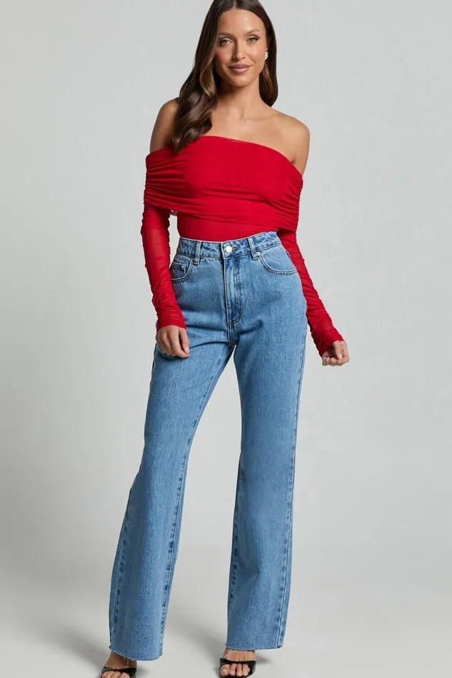 Jaythen Bodysuit 8211 Long Sleeve Off Shoulder Ruched Mesh Bodysuit In Red Women Showpo Curve Clothes