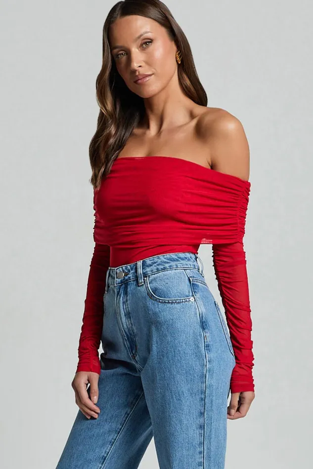 Jaythen Bodysuit 8211 Long Sleeve Off Shoulder Ruched Mesh Bodysuit In Red Women Showpo Curve Clothes