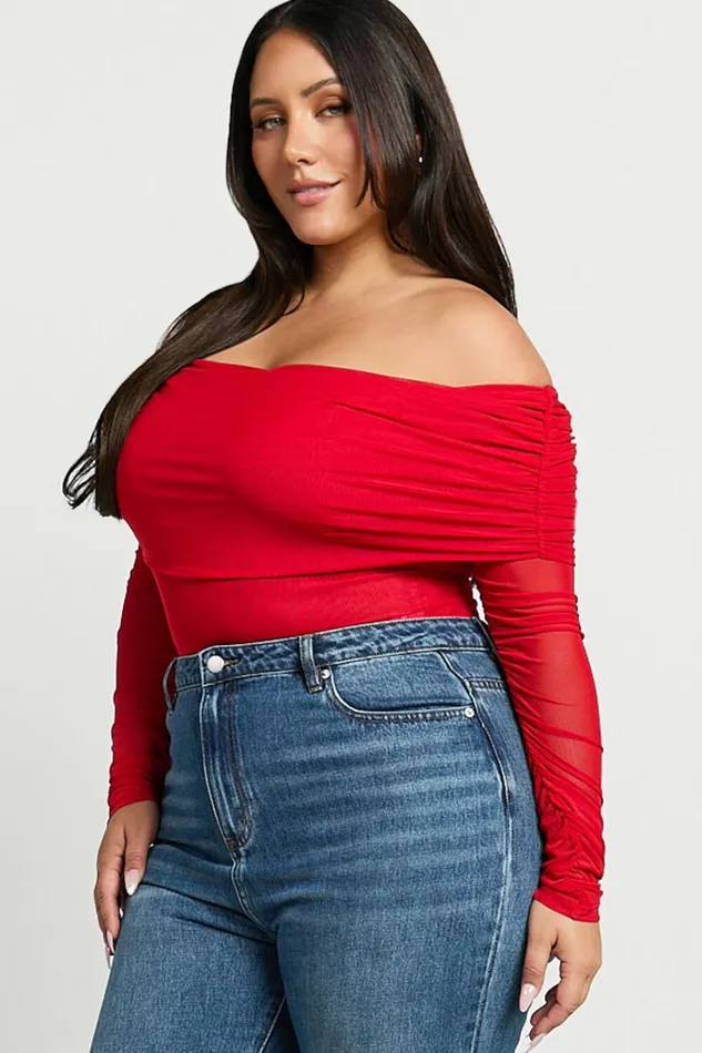 Jaythen Bodysuit 8211 Long Sleeve Off Shoulder Ruched Mesh Bodysuit In Red Women Showpo Curve Clothes