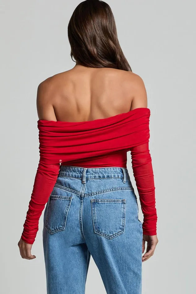 Jaythen Bodysuit 8211 Long Sleeve Off Shoulder Ruched Mesh Bodysuit In Red Women Showpo Curve Clothes