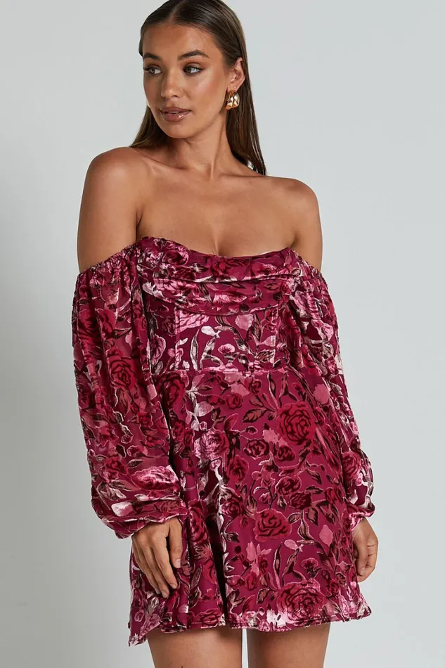 Jessell Mini Dress 8211 Long Sleeve Cowl Corset Dress In Pink Floral Burnout Women Showpo Dresses