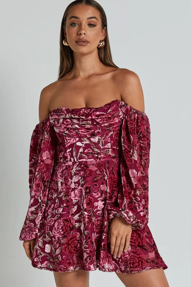 Jessell Mini Dress 8211 Long Sleeve Cowl Corset Dress In Pink Floral Burnout Women Showpo Dresses