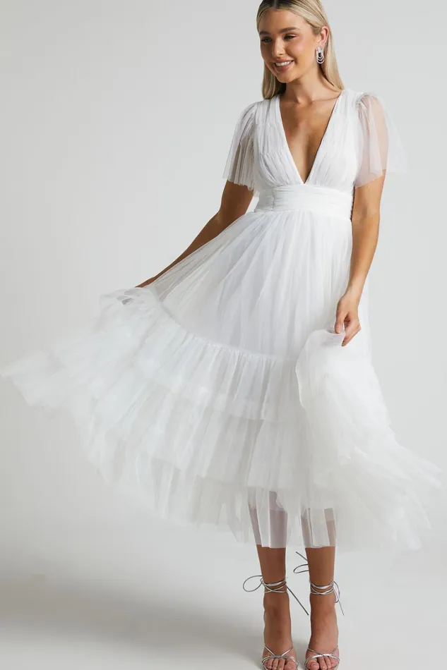 Jiraye Midi Dress 8211 Flutter Sleeve Tuelle Plunge Dress In White Women Showpo Curve Clothes Jiraye Midi Dress 8211 Flutter Sleeve Tuelle Plunge Dress In White Women Showpo Curve Clothes