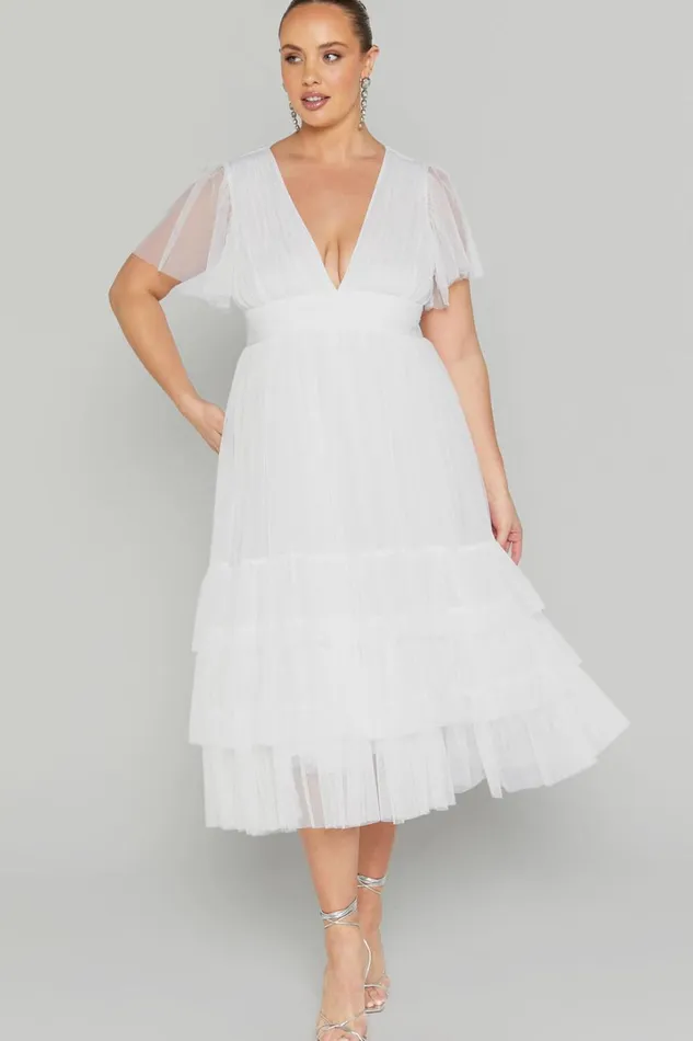 Jiraye Midi Dress 8211 Flutter Sleeve Tuelle Plunge Dress In White Women Showpo Curve Clothes