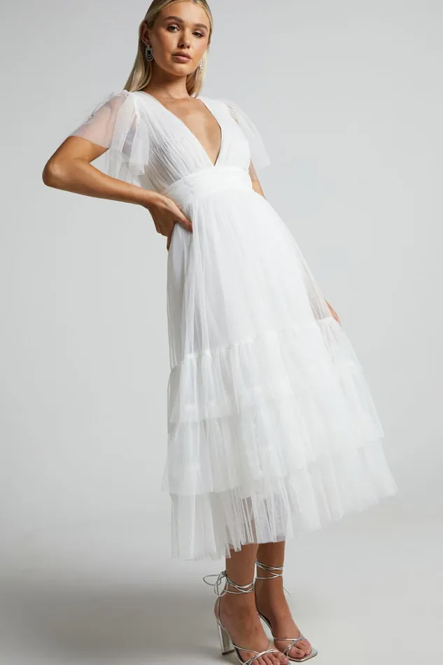 Jiraye Midi Dress 8211 Flutter Sleeve Tuelle Plunge Dress In White Women Showpo Curve Clothes