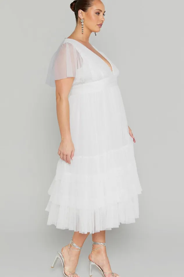 Jiraye Midi Dress 8211 Flutter Sleeve Tuelle Plunge Dress In White Women Showpo Curve Clothes