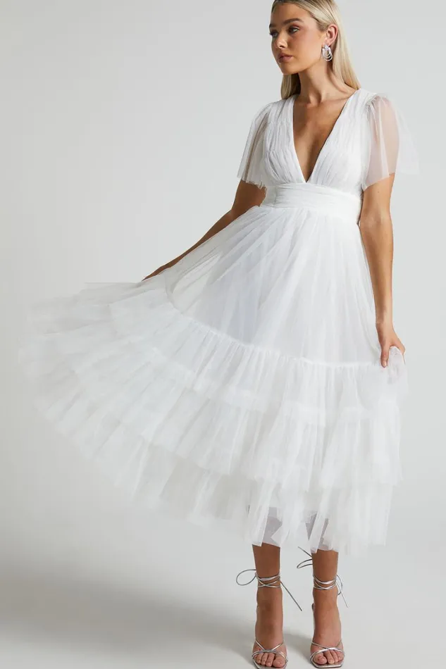 Jiraye Midi Dress 8211 Flutter Sleeve Tuelle Plunge Dress In White Women Showpo Curve Clothes