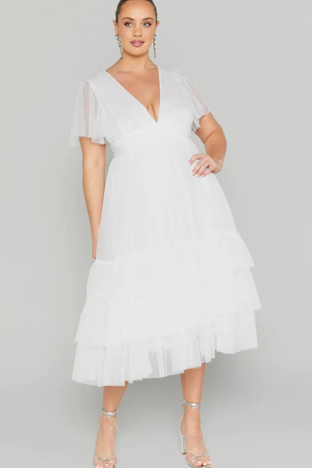 Jiraye Midi Dress 8211 Flutter Sleeve Tuelle Plunge Dress In White Women Showpo Curve Clothes