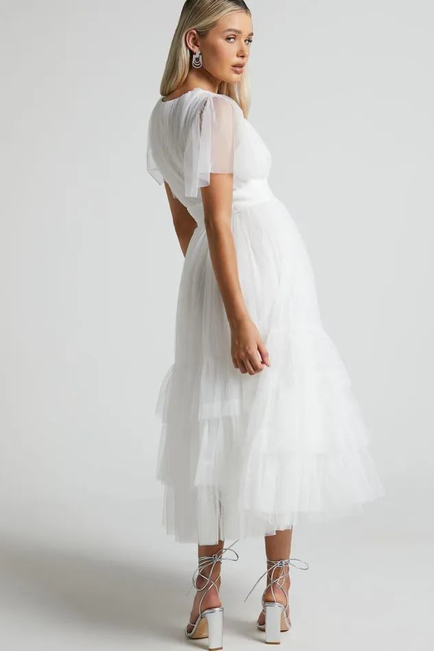 Jiraye Midi Dress 8211 Flutter Sleeve Tuelle Plunge Dress In White Women Showpo Curve Clothes