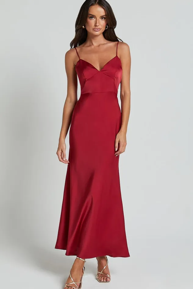 Jovana Midi Dress 8211 Bust Panel Detail Satin Slip Dress In Wine Women Showpo Dresses
