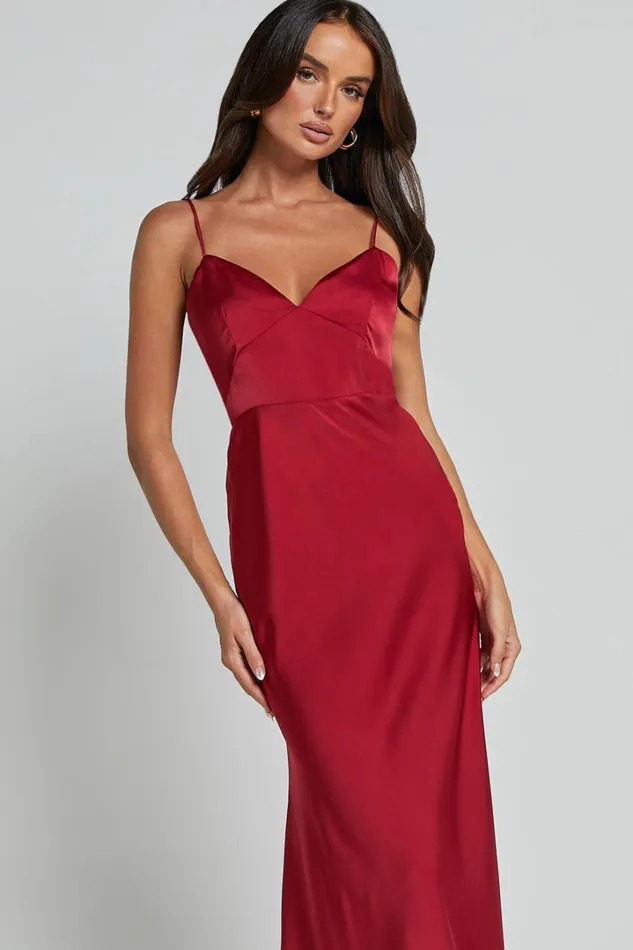 Jovana Midi Dress 8211 Bust Panel Detail Satin Slip Dress In Wine Women Showpo Dresses
