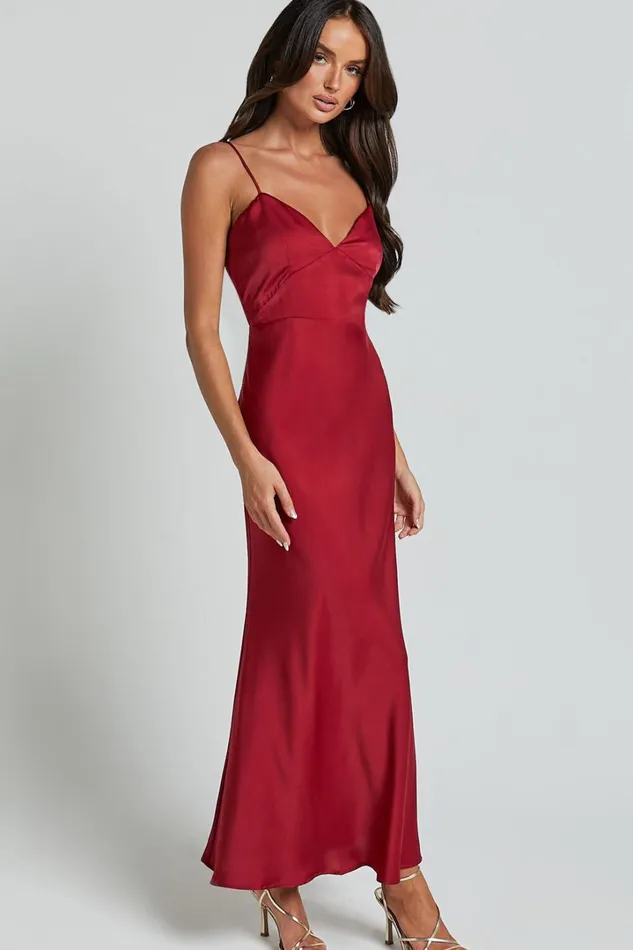 Jovana Midi Dress 8211 Bust Panel Detail Satin Slip Dress In Wine Women Showpo Dresses