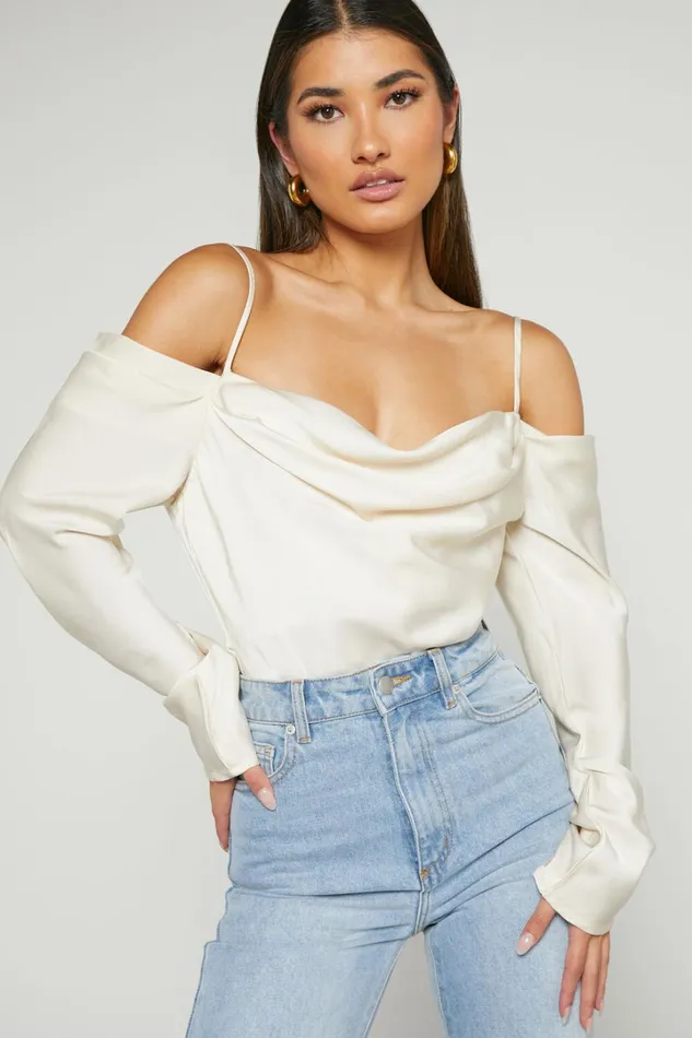 Julian Top 8211 Off Shoulder Long Sleeve Cowl Neck Top In Ivory Women Showpo Modest Clothing