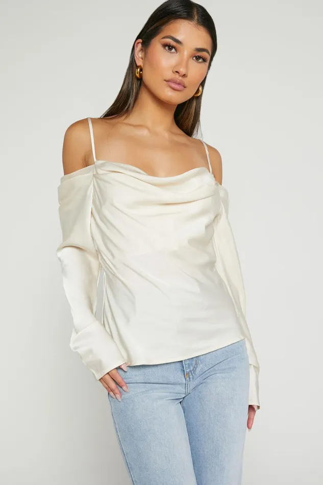 Julian Top 8211 Off Shoulder Long Sleeve Cowl Neck Top In Ivory Women Showpo Modest Clothing