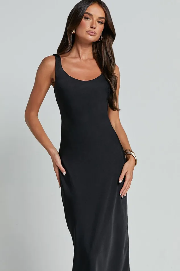 Julie Midi Dress 8211 Scoop Neck Low Back Satin Slip Dress In Black Women Showpo Dresses