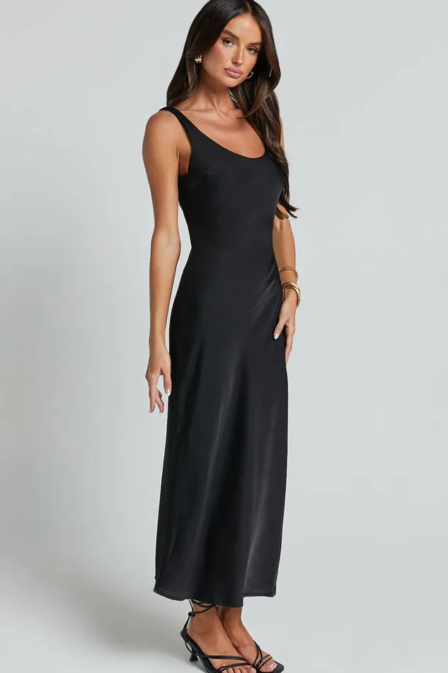 Julie Midi Dress 8211 Scoop Neck Low Back Satin Slip Dress In Black Women Showpo Dresses