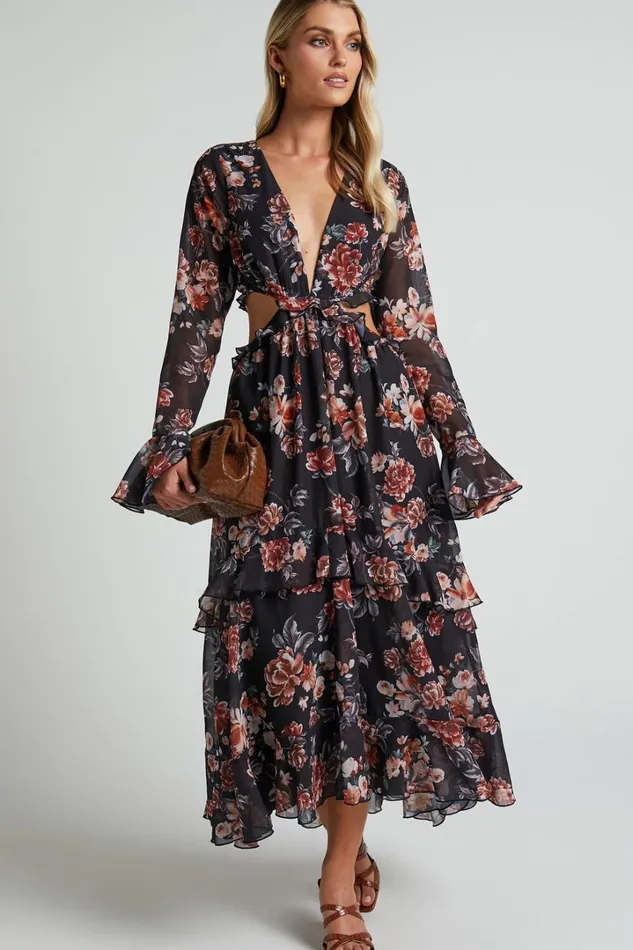 Kakai Midi Dress 8211 Plunge Front Long Sleeve Ruffled Dress In Black Floral Women Showpo Dresses Kakai Midi Dress 8211 Plunge Front Long Sleeve Ruffled Dress In Black Floral Women Showpo Dresses