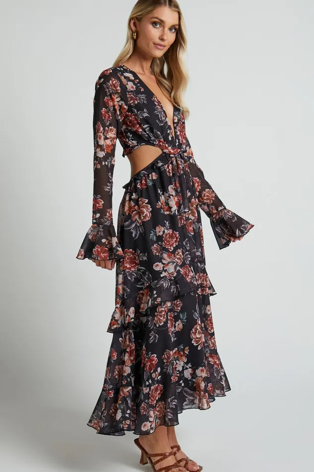 Kakai Midi Dress 8211 Plunge Front Long Sleeve Ruffled Dress In Black Floral Women Showpo Dresses Kakai Midi Dress 8211 Plunge Front Long Sleeve Ruffled Dress In Black Floral Women Showpo Dresses