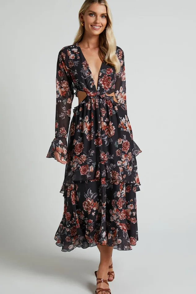 Kakai Midi Dress 8211 Plunge Front Long Sleeve Ruffled Dress In Black Floral Women Showpo Dresses Kakai Midi Dress 8211 Plunge Front Long Sleeve Ruffled Dress In Black Floral Women Showpo Dresses