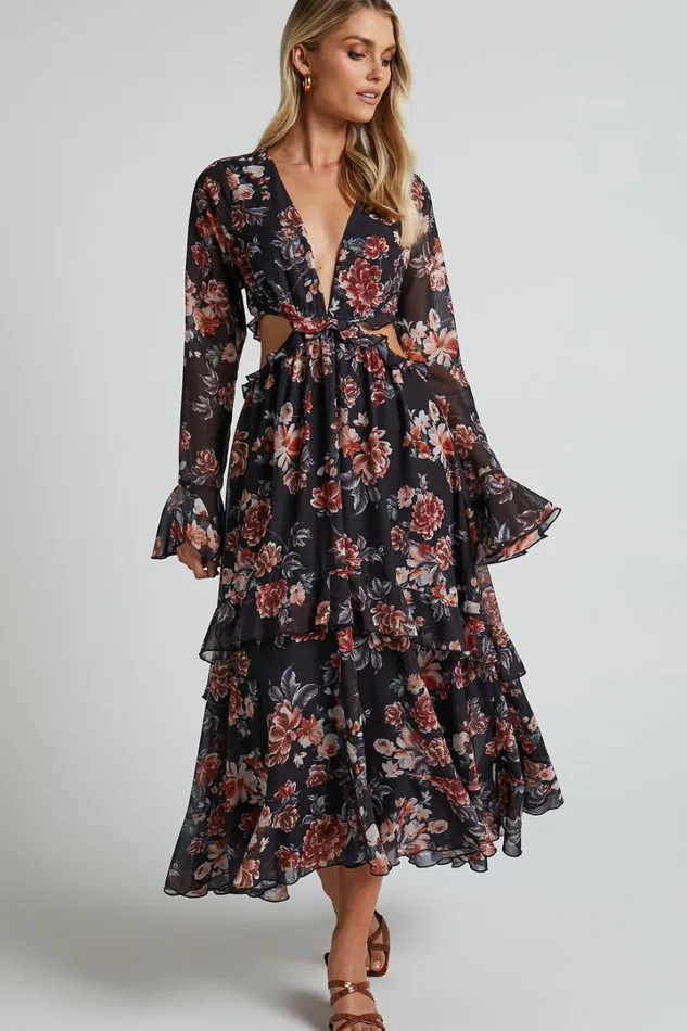 Kakai Midi Dress 8211 Plunge Front Long Sleeve Ruffled Dress In Black Floral Women Showpo Dresses Kakai Midi Dress 8211 Plunge Front Long Sleeve Ruffled Dress In Black Floral Women Showpo Dresses