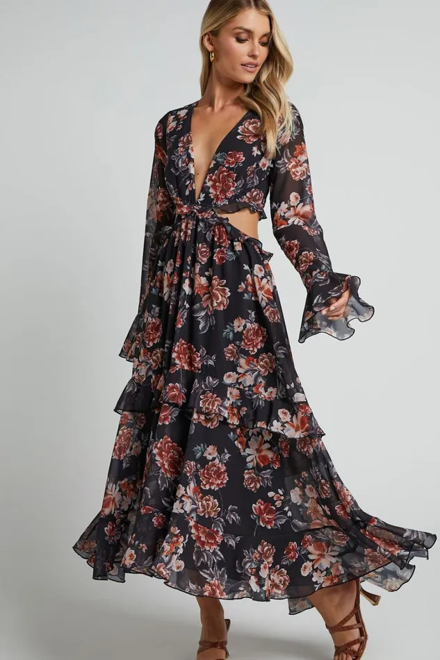 Kakai Midi Dress 8211 Plunge Front Long Sleeve Ruffled Dress In Black Floral Women Showpo Dresses Kakai Midi Dress 8211 Plunge Front Long Sleeve Ruffled Dress In Black Floral Women Showpo Dresses
