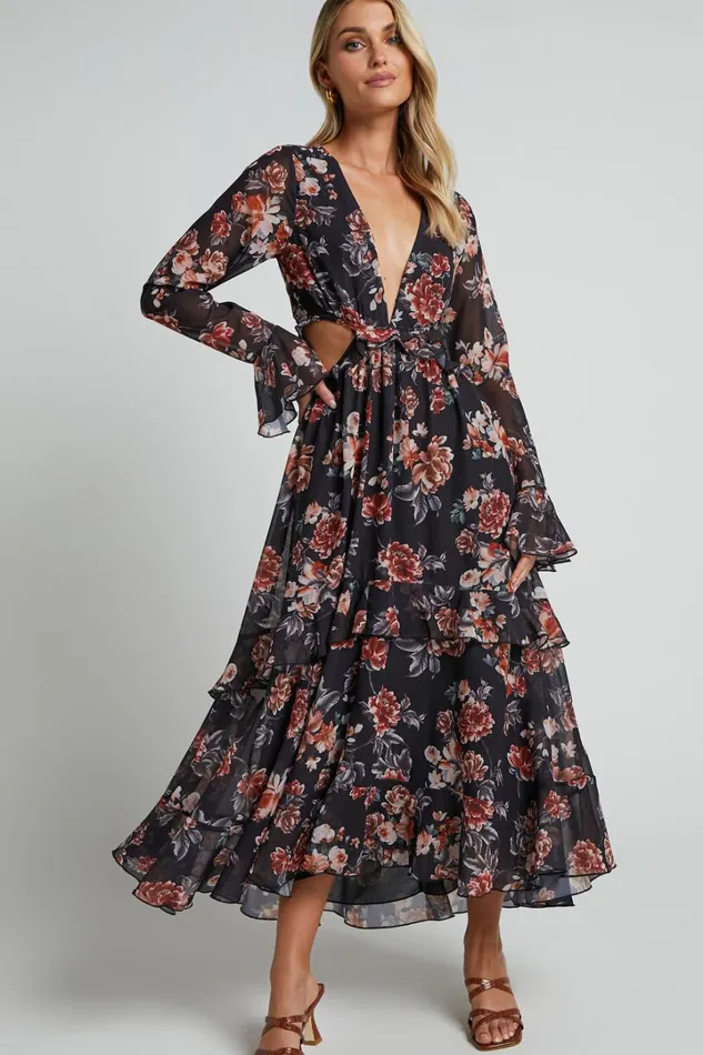 Kakai Midi Dress 8211 Plunge Front Long Sleeve Ruffled Dress In Black Floral Women Showpo Dresses Kakai Midi Dress 8211 Plunge Front Long Sleeve Ruffled Dress In Black Floral Women Showpo Dresses