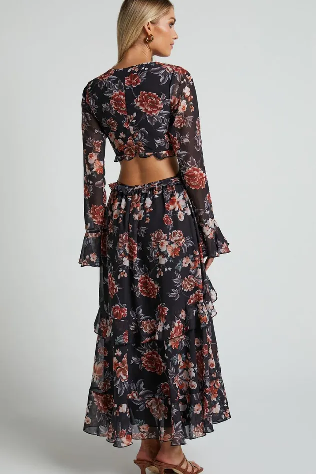 Kakai Midi Dress 8211 Plunge Front Long Sleeve Ruffled Dress In Black Floral Women Showpo Dresses Kakai Midi Dress 8211 Plunge Front Long Sleeve Ruffled Dress In Black Floral Women Showpo Dresses