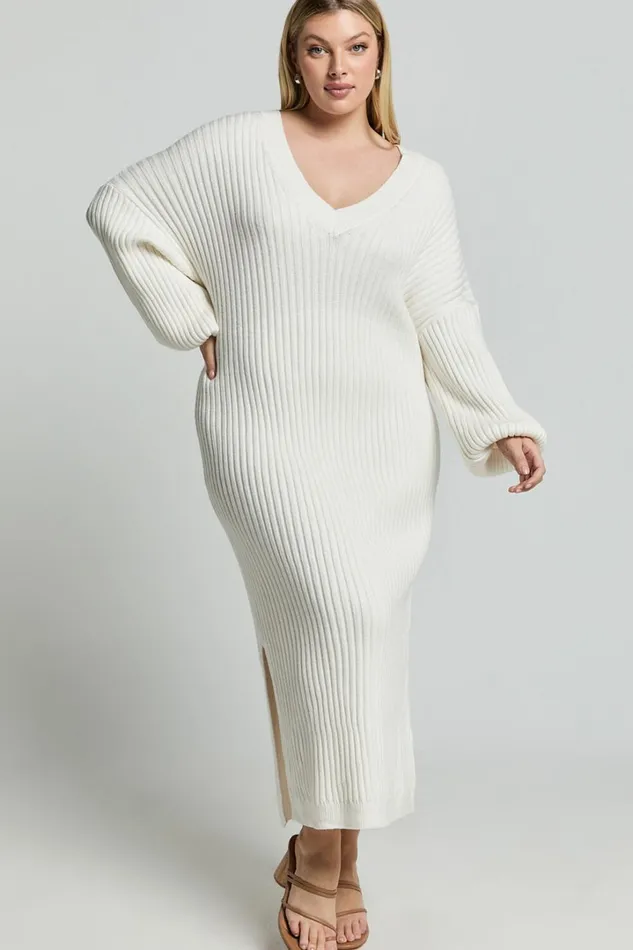 Kartia Midi Dress 8211 V Neck Knit Dress In Off White Women Showpo Knitwear