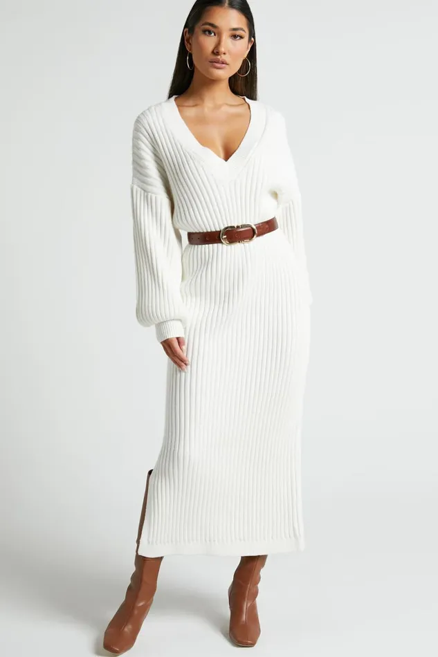 Kartia Midi Dress 8211 V Neck Knit Dress In Off White Women Showpo Knitwear