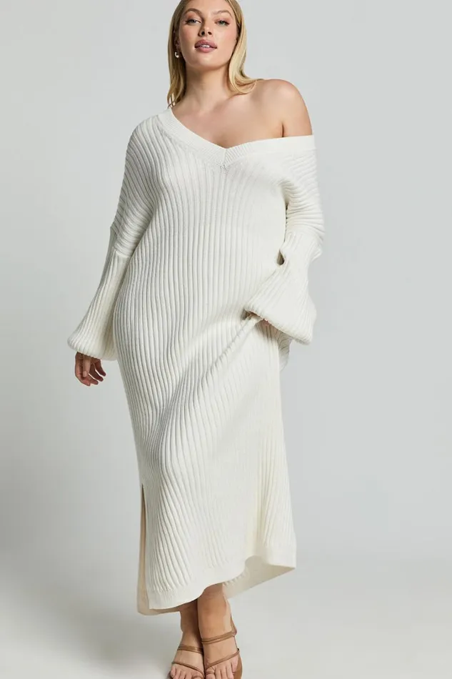 Kartia Midi Dress 8211 V Neck Knit Dress In Off White Women Showpo Knitwear