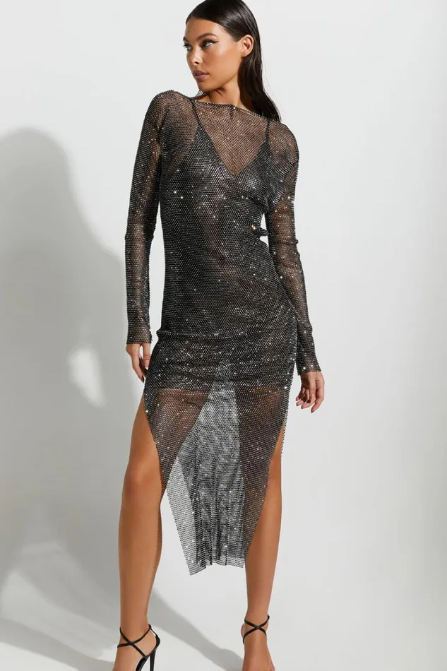 Katerina Midi Dress 8211 Long Sleeve Split Diamante Mesh Dress In Black Women Showpo Dresses Katerina Midi Dress 8211 Long Sleeve Split Diamante Mesh Dress In Black Women Showpo Dresses