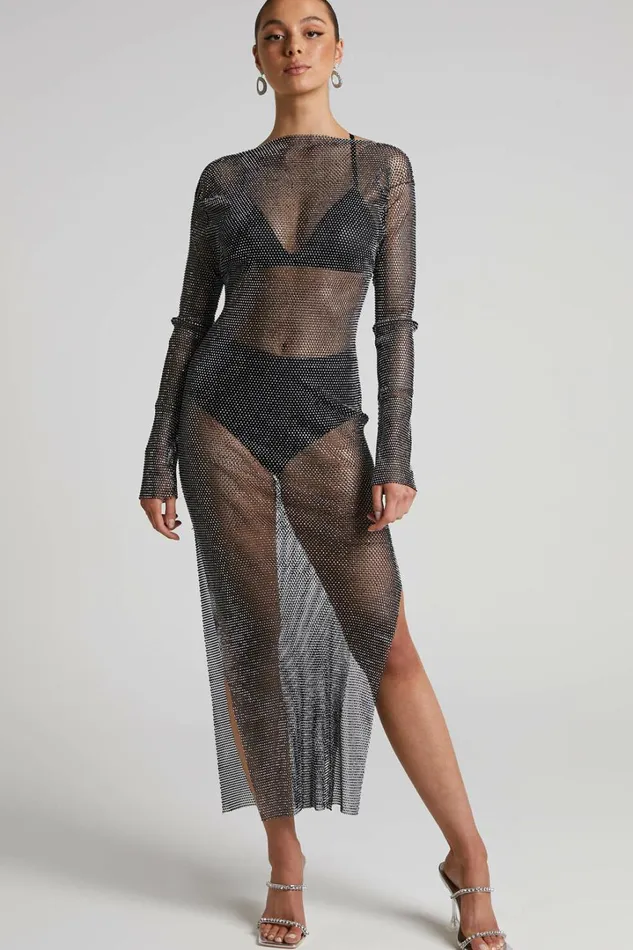 Katerina Midi Dress 8211 Long Sleeve Split Diamante Mesh Dress In Black Women Showpo Dresses