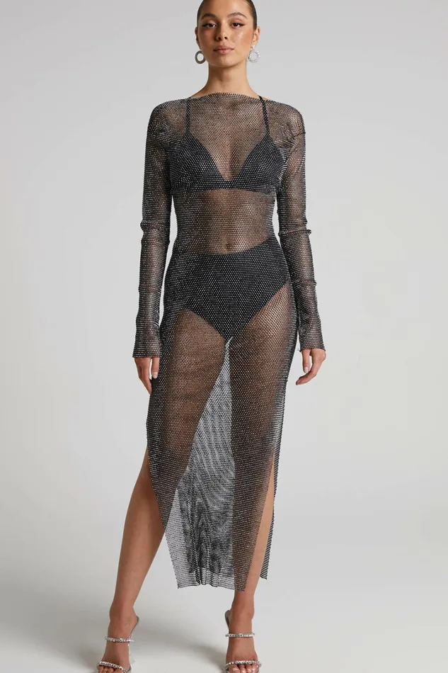 Katerina Midi Dress 8211 Long Sleeve Split Diamante Mesh Dress In Black Women Showpo Dresses