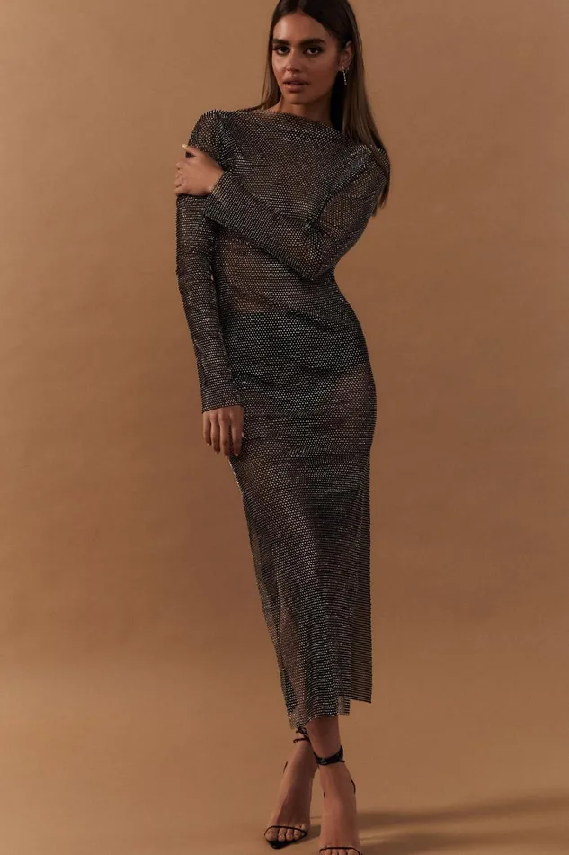 Katerina Midi Dress 8211 Long Sleeve Split Diamante Mesh Dress In Black Women Showpo Dresses