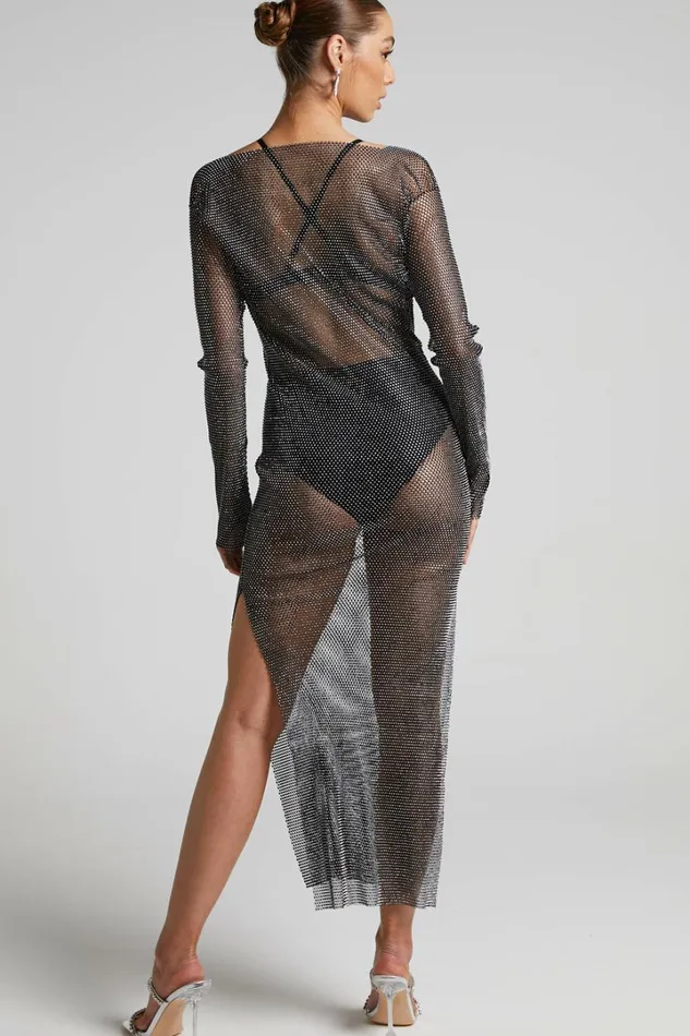 Katerina Midi Dress 8211 Long Sleeve Split Diamante Mesh Dress In Black Women Showpo Dresses