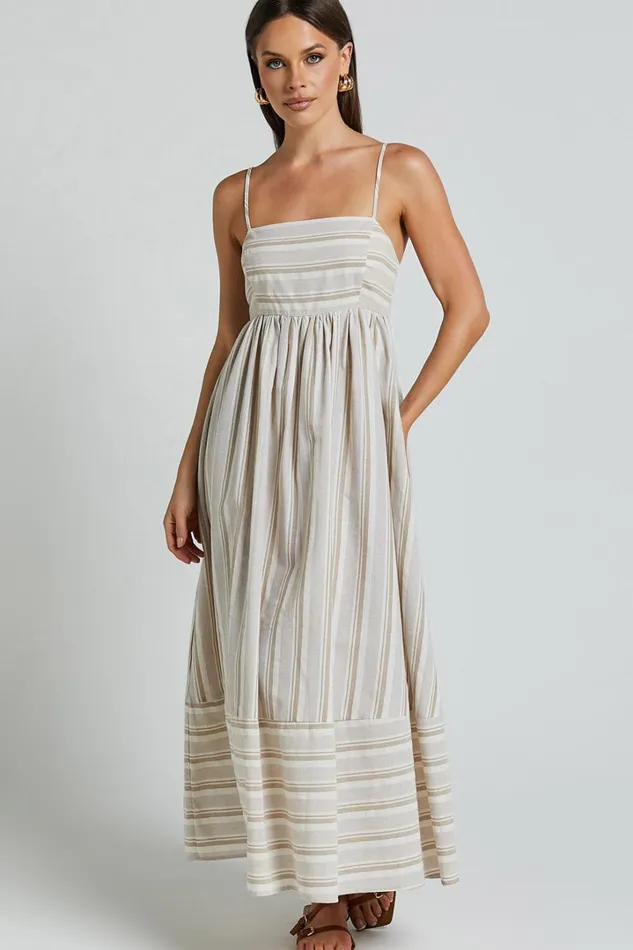 Katheryn Midi Dress 8211 Strappy Straight Neck A Line Gathered Dress In Beige And Natural Stripe Women Showpo Maternity Clothes