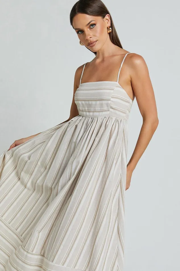 Katheryn Midi Dress 8211 Strappy Straight Neck A Line Gathered Dress In Beige And Natural Stripe Women Showpo Maternity Clothes